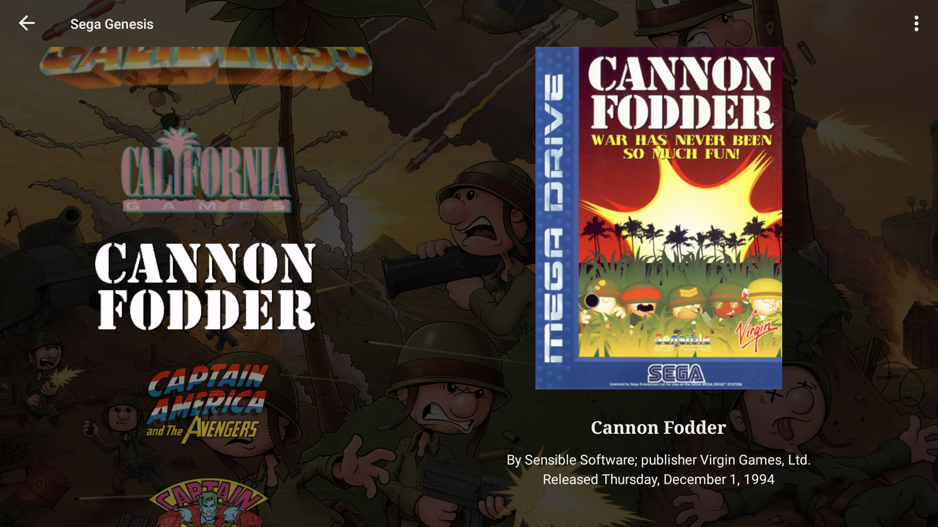 LaunchBox for Android Screenshot - Sega Genesis Wheel - Cannon Fodder